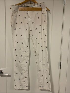 Women’s White Chino Pants with Grey Bird Print